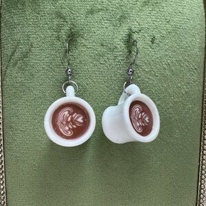 White Coffee Espresso Mug Earrings with Barista Art Froth Detail Valentine Gift